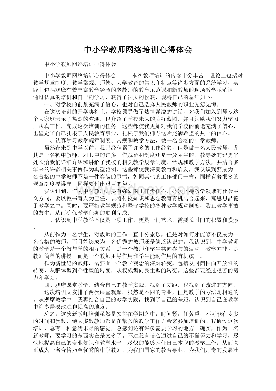 中小学教师网络培训心得体会Word格式文档下载.docx