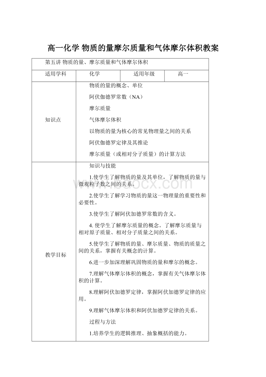 高一化学 物质的量摩尔质量和气体摩尔体积教案.docx_第1页