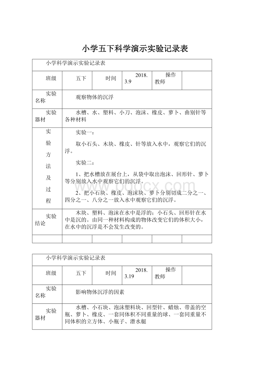 小学五下科学演示实验记录表.docx_第1页