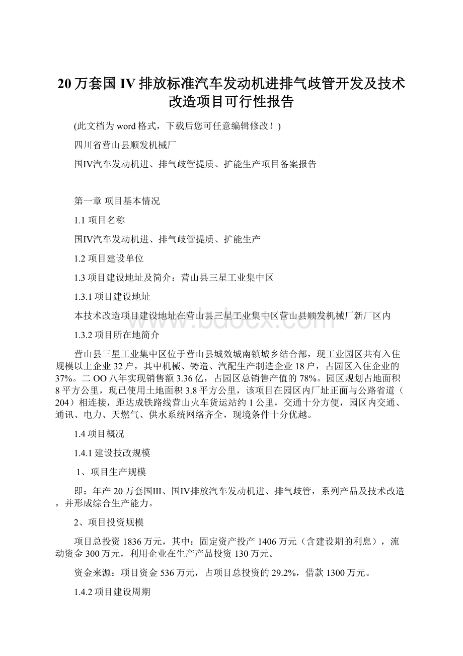 20万套国IV排放标准汽车发动机进排气歧管开发及技术改造项目可行性报告Word文档下载推荐.docx