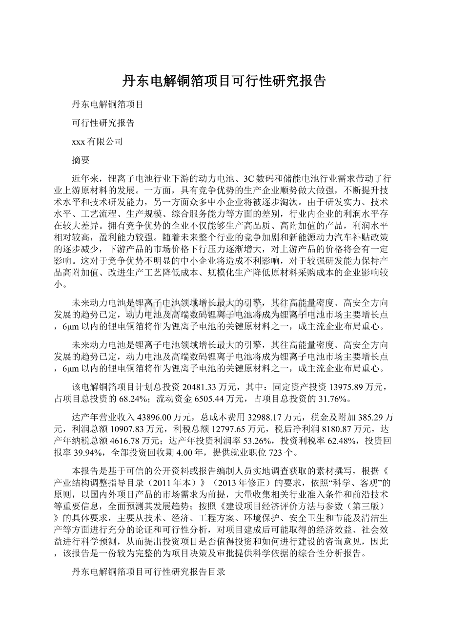 丹东电解铜箔项目可行性研究报告Word下载.docx