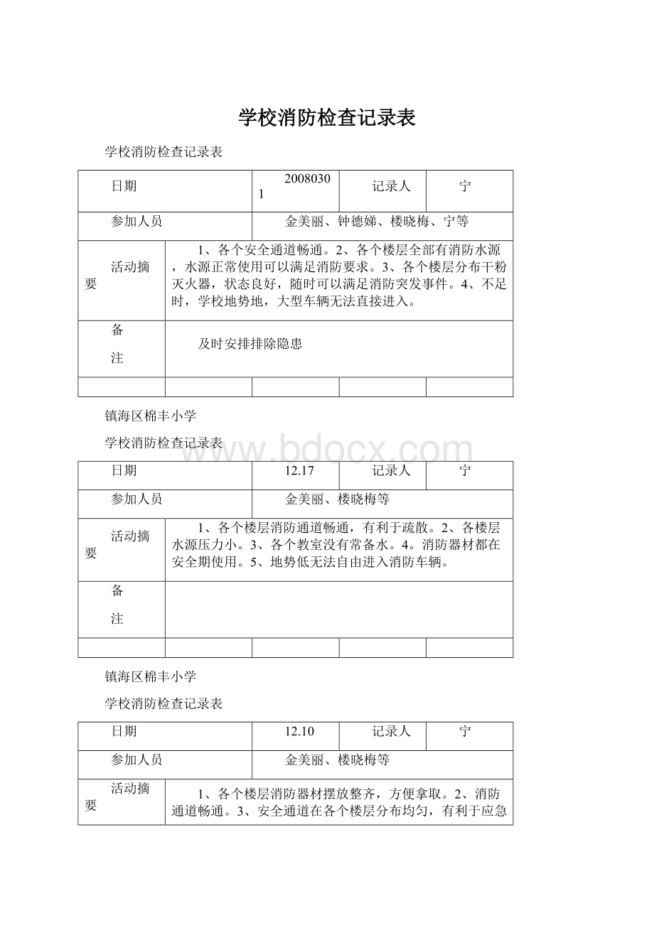 学校消防检查记录表.docx_第1页