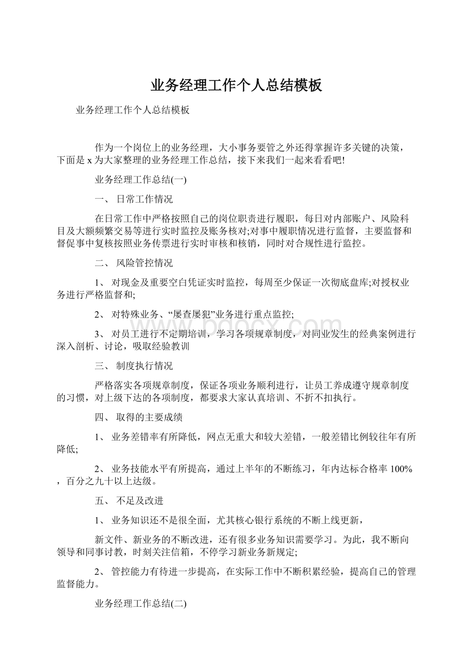 业务经理工作个人总结模板文档格式.docx