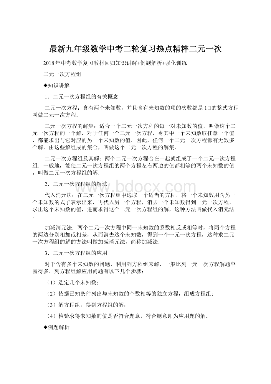 最新九年级数学中考二轮复习热点精粹二元一次文档格式.docx