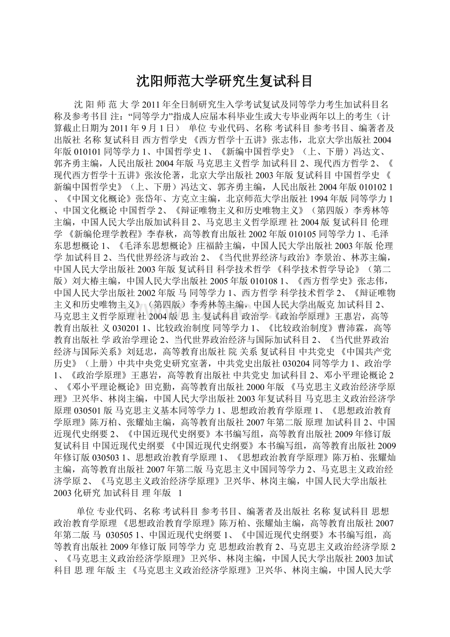 沈阳师范大学研究生复试科目Word文档下载推荐.docx