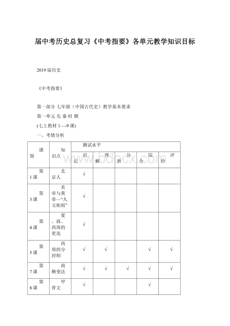 届中考历史总复习《中考指要》各单元教学知识目标.docx