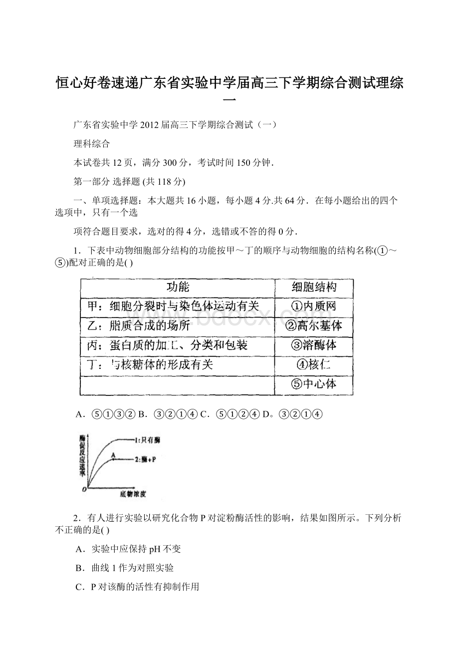 恒心好卷速递广东省实验中学届高三下学期综合测试理综一Word下载.docx