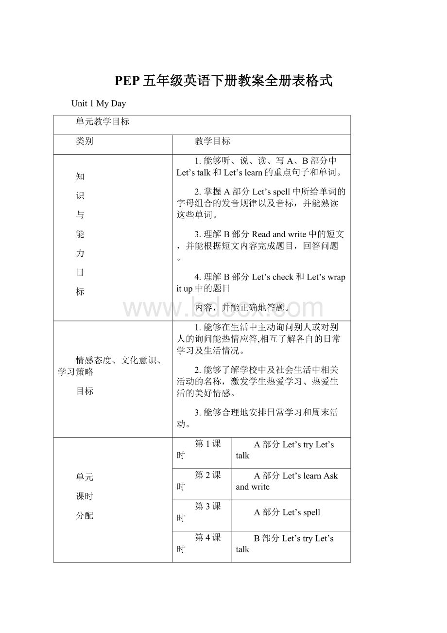 PEP五年级英语下册教案全册表格式Word格式文档下载.docx