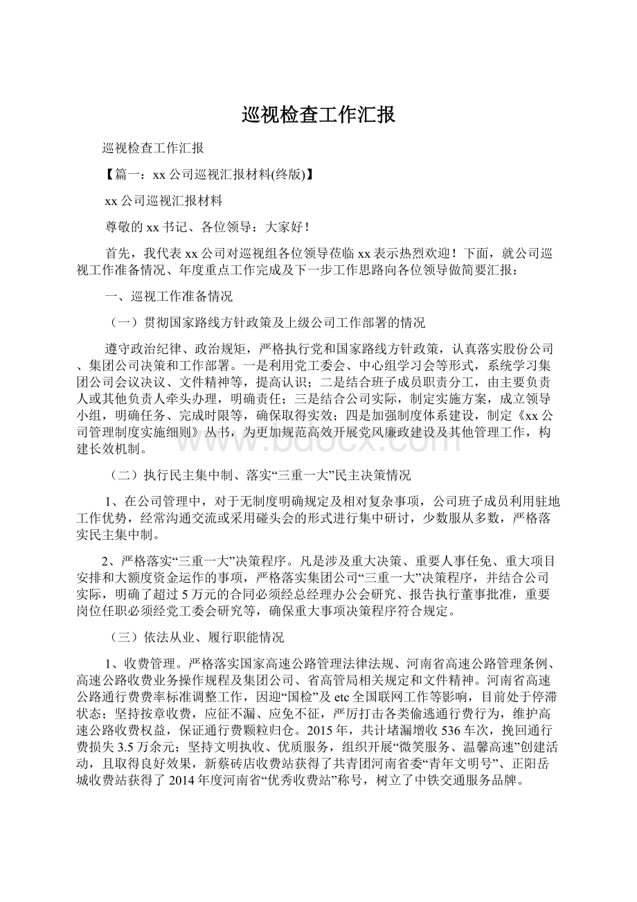 巡视检查工作汇报文档格式.docx