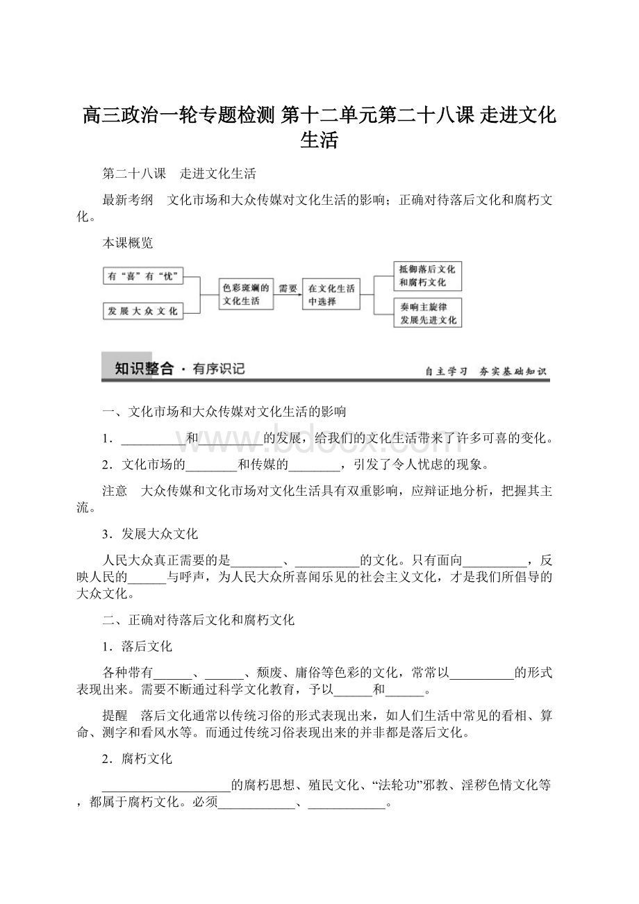 高三政治一轮专题检测 第十二单元第二十八课 走进文化生活.docx_第1页