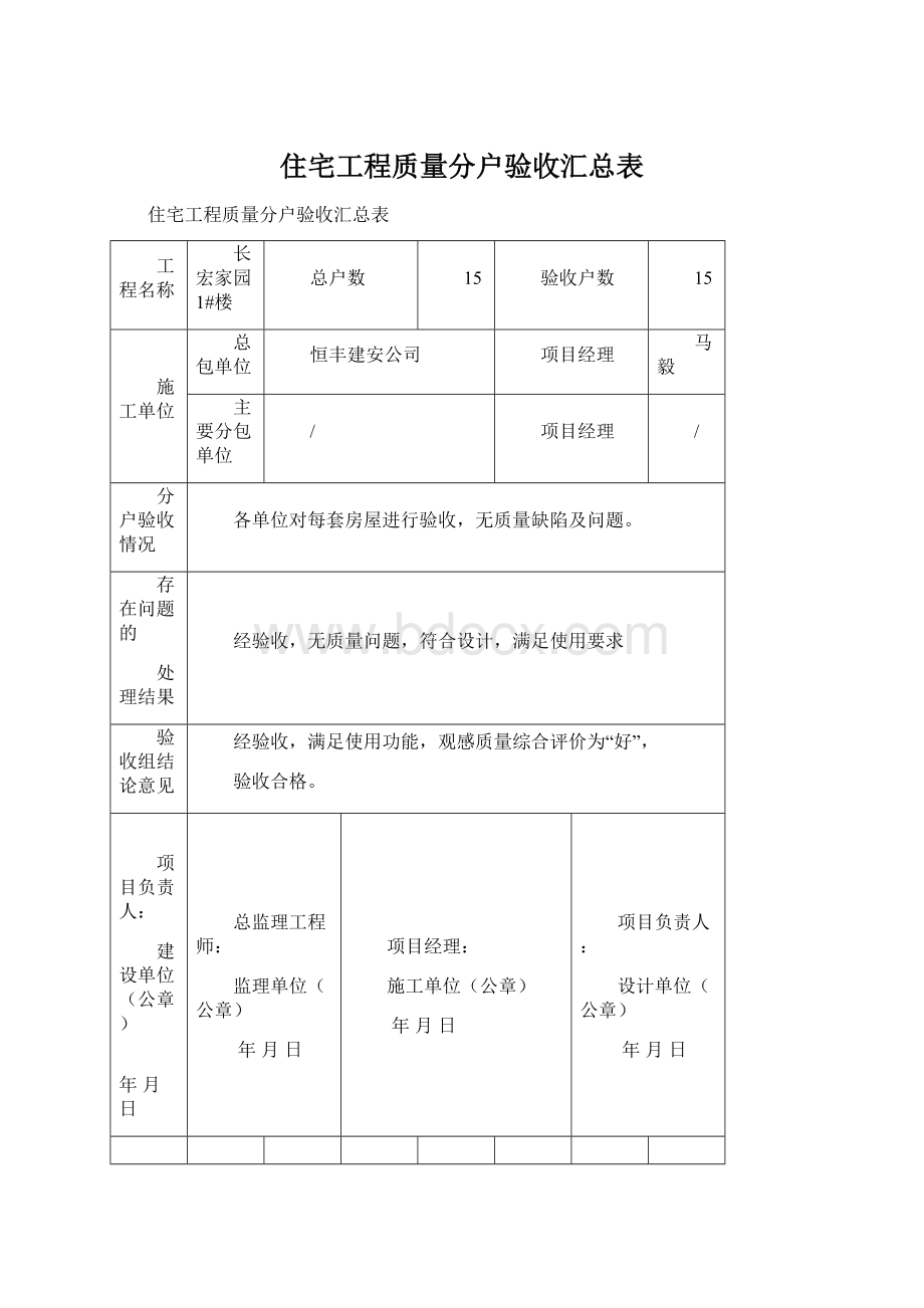 住宅工程质量分户验收汇总表Word文档格式.docx_第1页