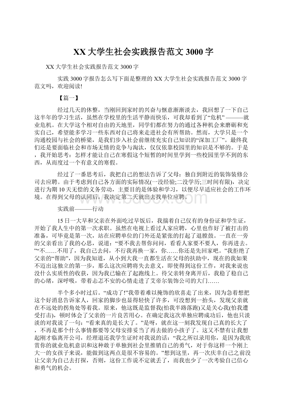 XX大学生社会实践报告范文3000字文档格式.docx