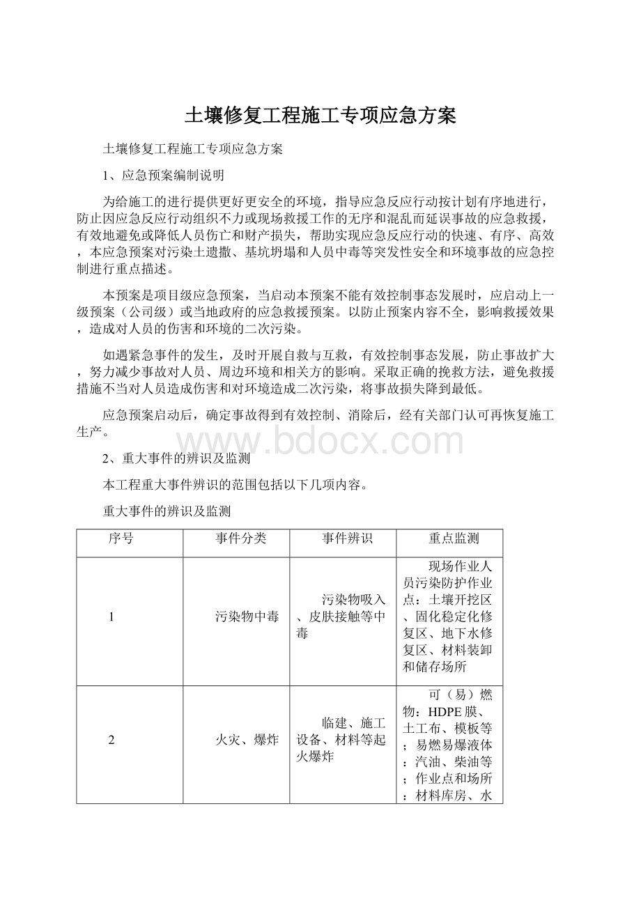 土壤修复工程施工专项应急方案文档格式.docx