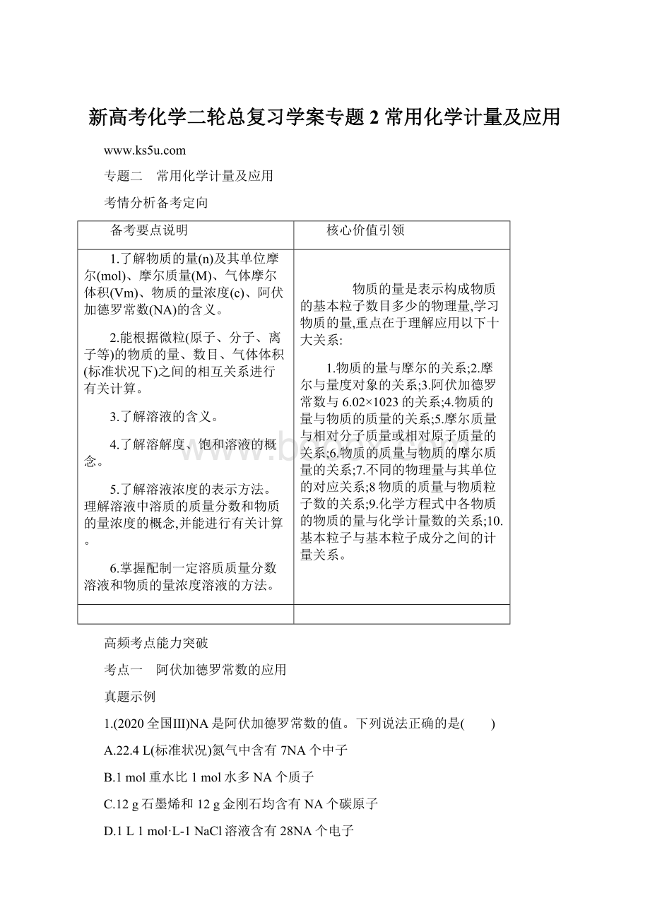 新高考化学二轮总复习学案专题2 常用化学计量及应用.docx_第1页