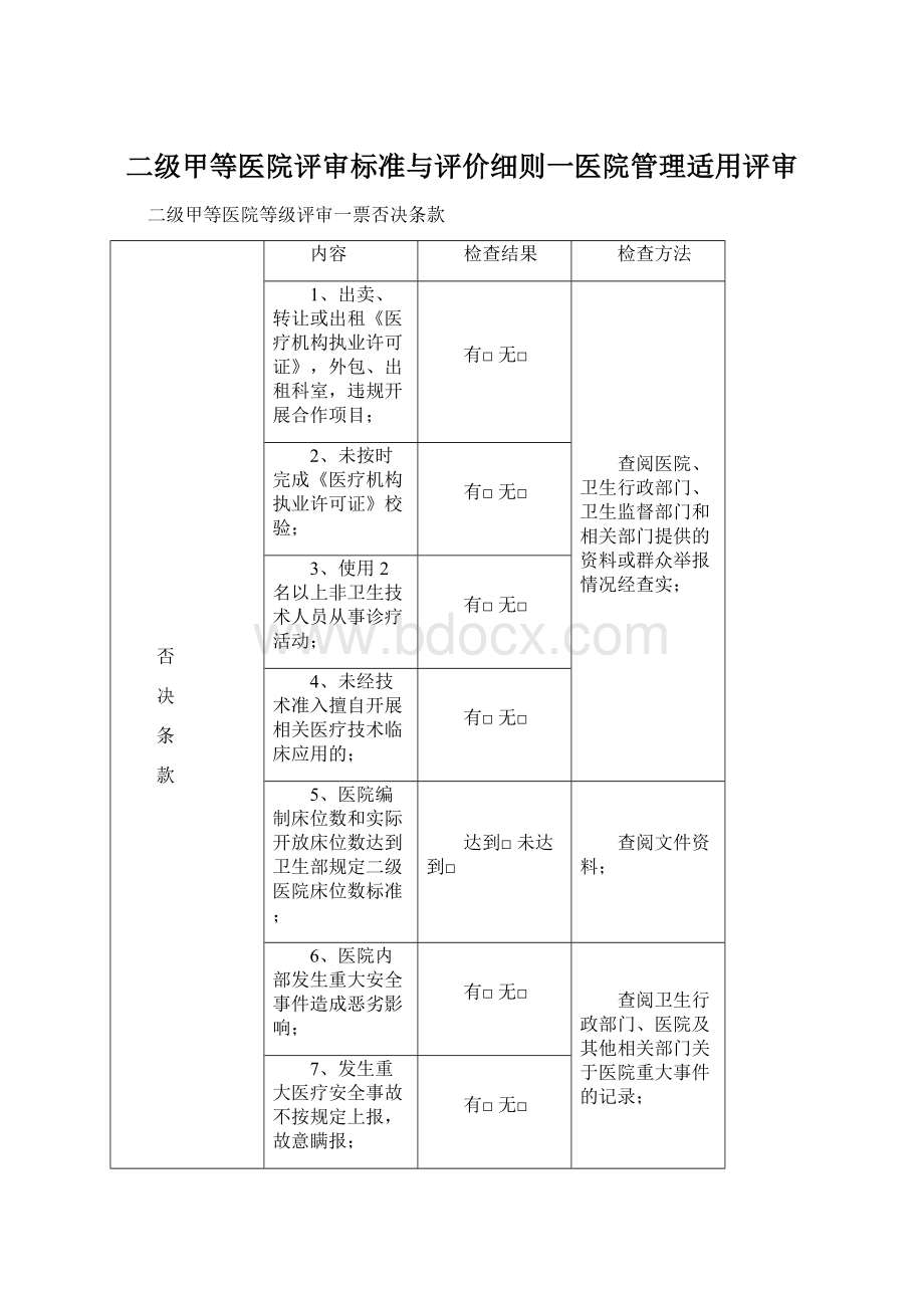 二级甲等医院评审标准与评价细则一医院管理适用评审文档格式.docx_第1页