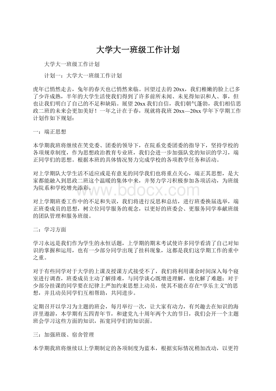 大学大一班级工作计划Word格式.docx