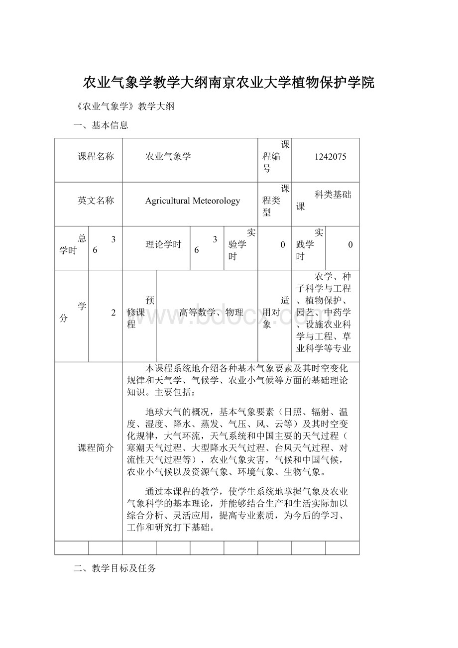 农业气象学教学大纲南京农业大学植物保护学院.docx_第1页