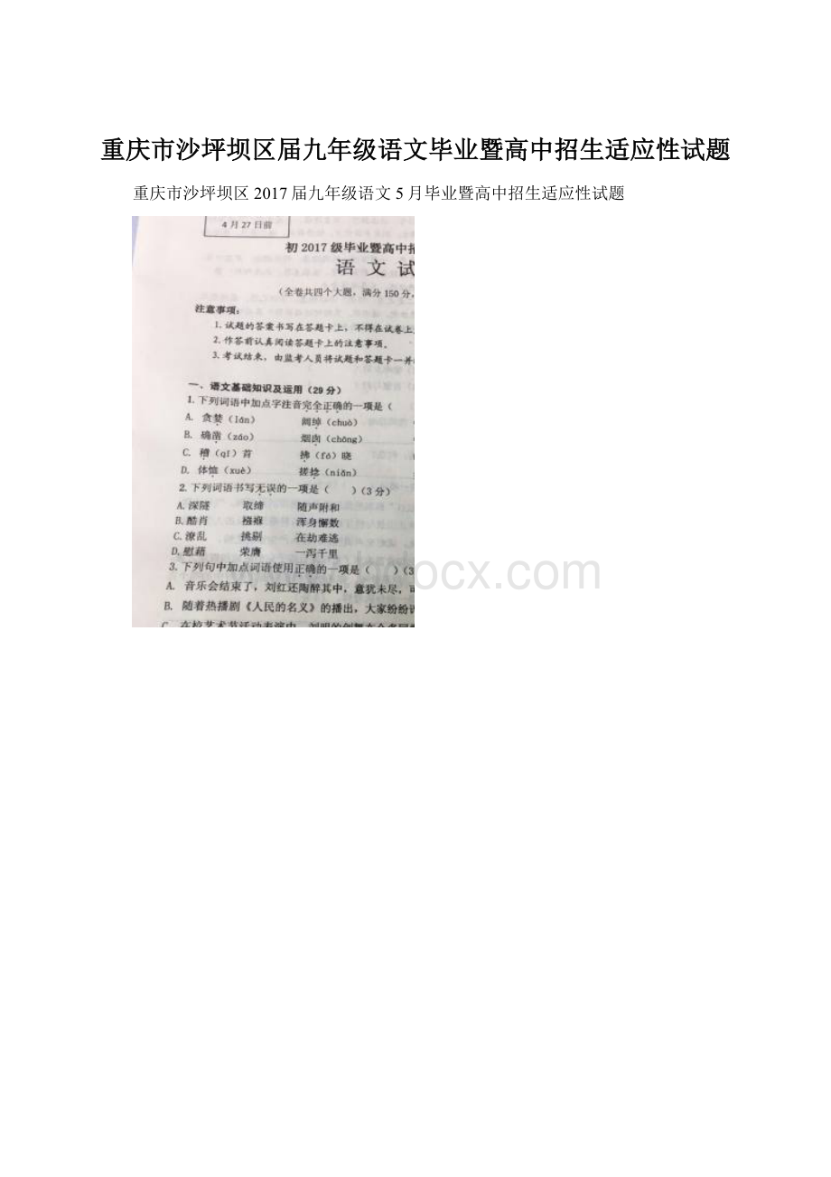 重庆市沙坪坝区届九年级语文毕业暨高中招生适应性试题Word文档下载推荐.docx