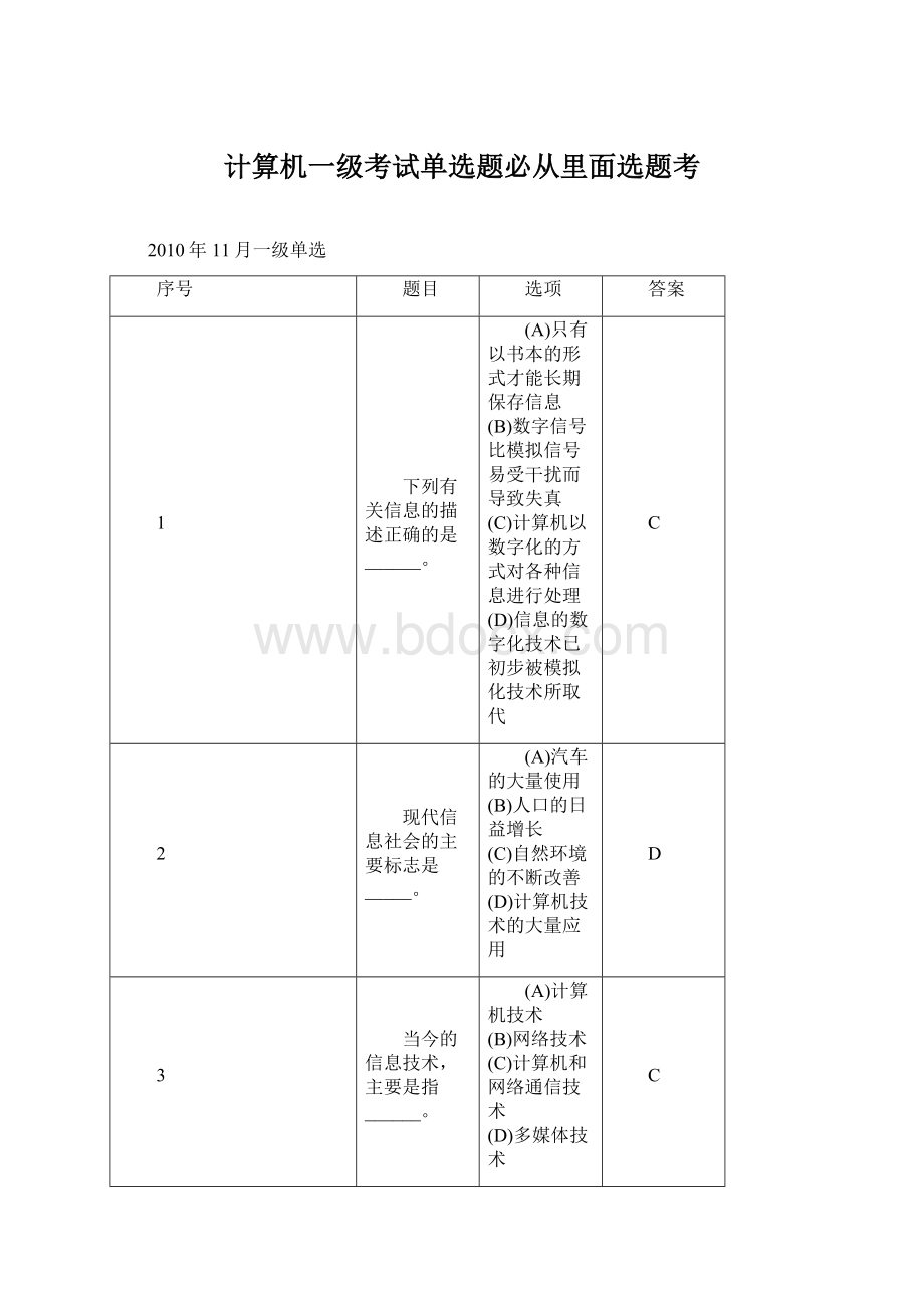 计算机一级考试单选题必从里面选题考Word格式文档下载.docx