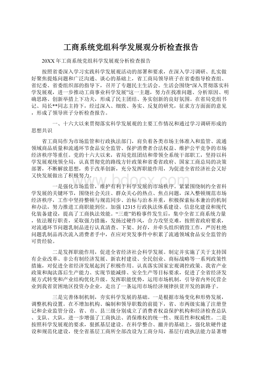 工商系统党组科学发展观分析检查报告.docx