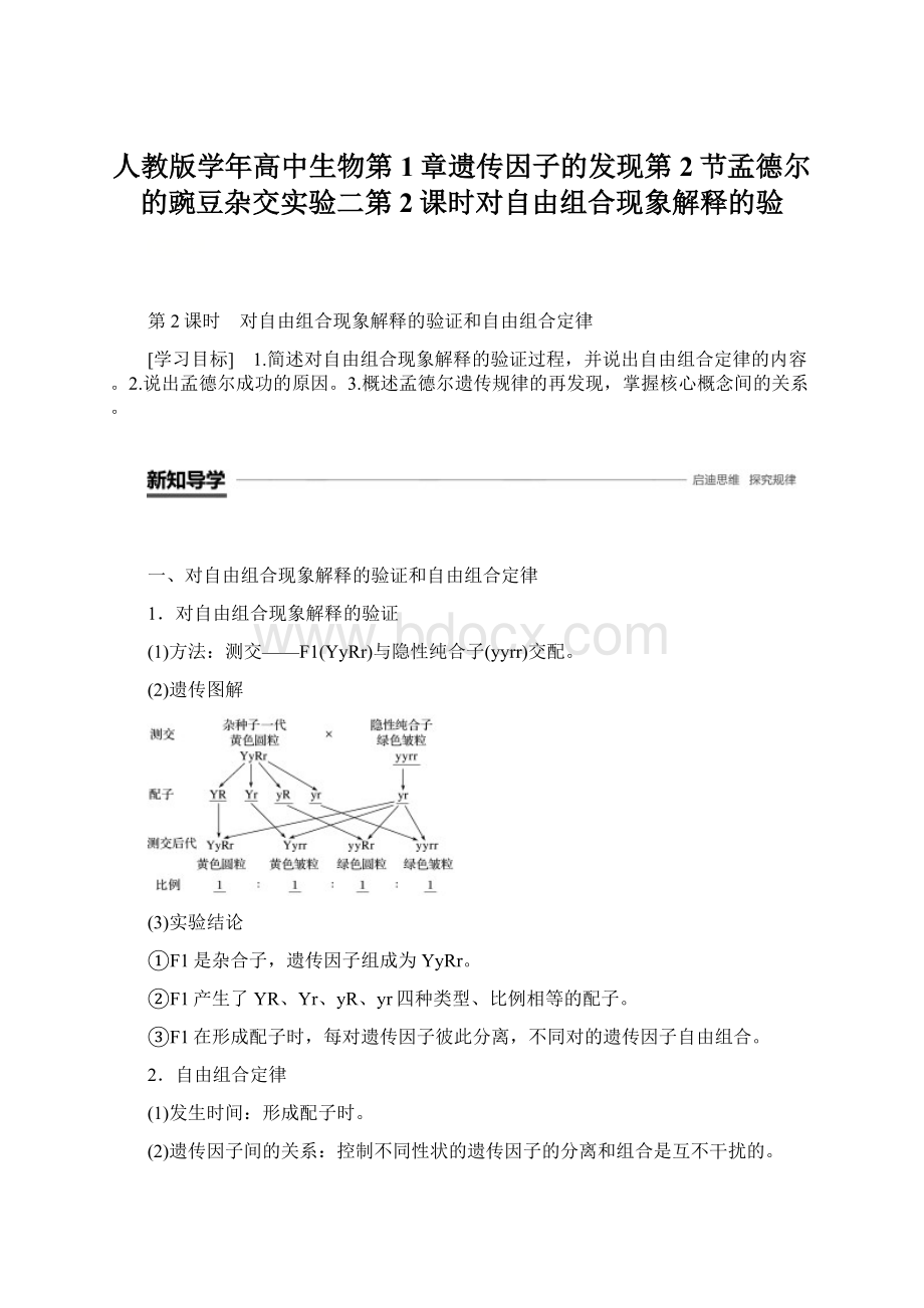 人教版学年高中生物第1章遗传因子的发现第2节孟德尔的豌豆杂交实验二第2课时对自由组合现象解释的验.docx