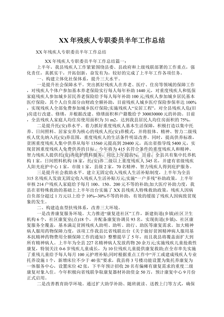 XX年残疾人专职委员半年工作总结.docx_第1页