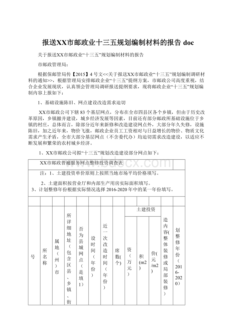 报送ⅩⅩ市邮政业十三五规划编制材料的报告doc.docx_第1页