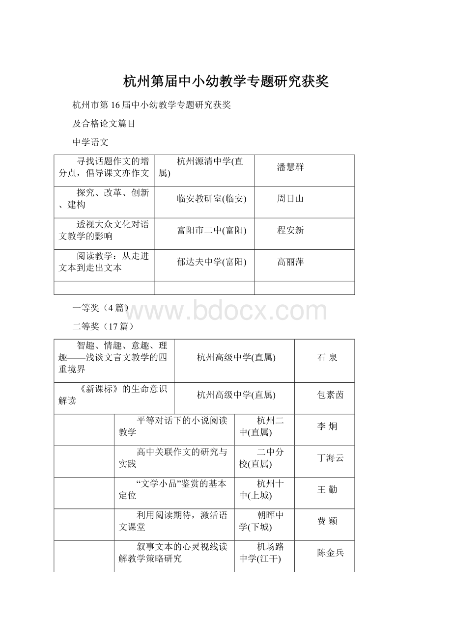 杭州第届中小幼教学专题研究获奖.docx