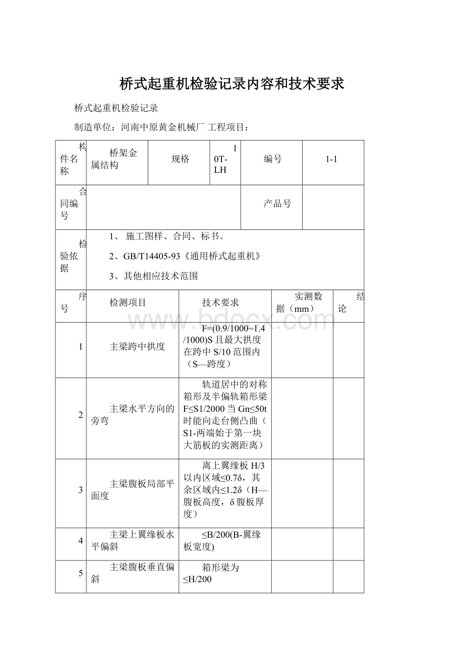 桥式起重机检验记录内容和技术要求Word下载.docx