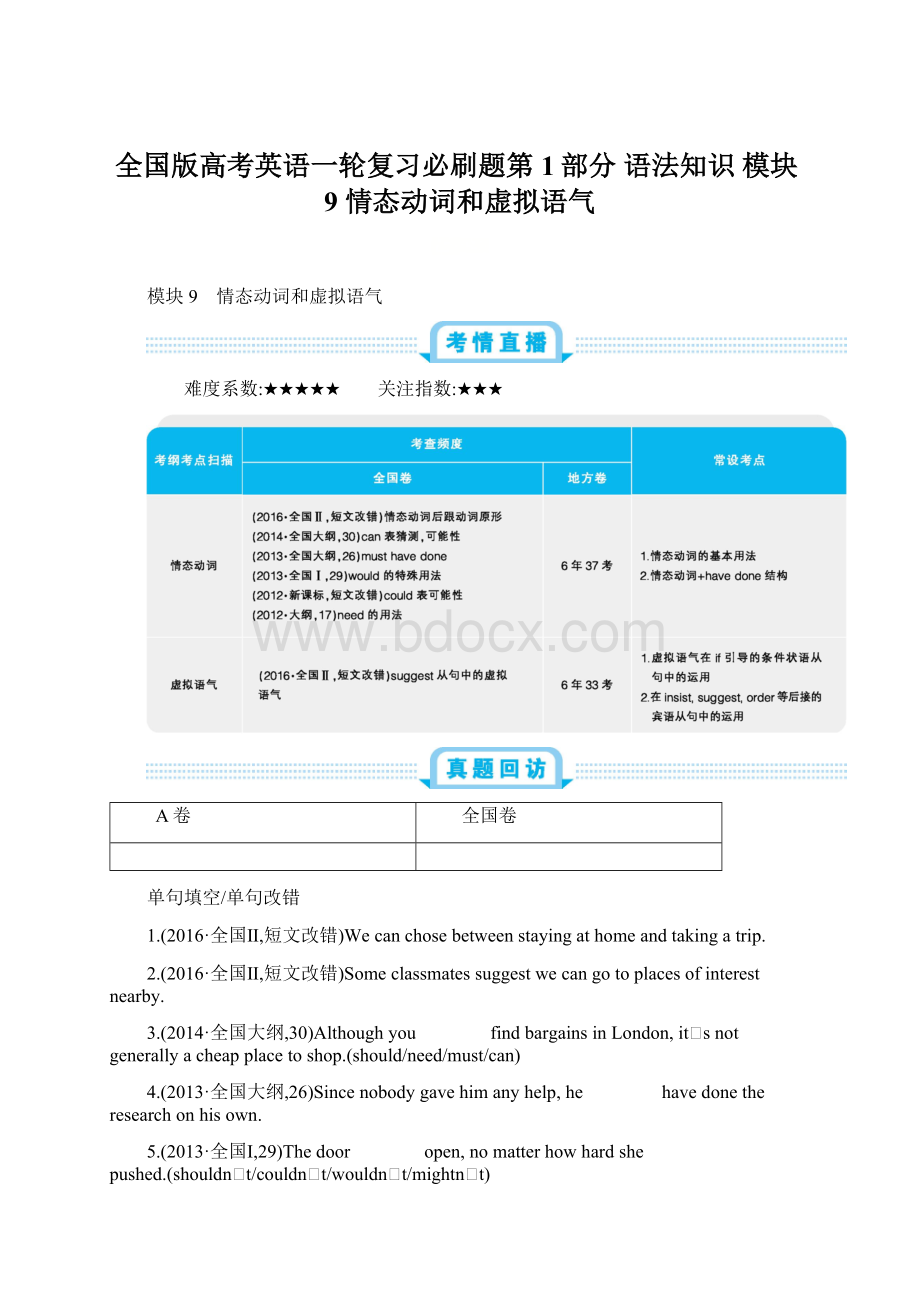 全国版高考英语一轮复习必刷题第1部分 语法知识 模块9 情态动词和虚拟语气.docx