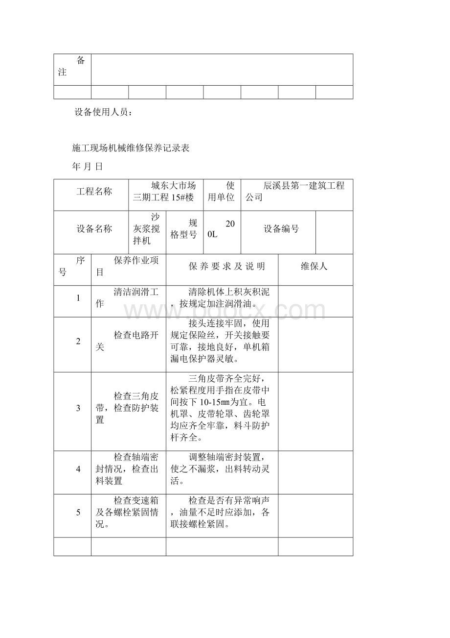 施工现场机械设备维修保养记录表1推荐wordWord文档下载推荐.docx_第3页