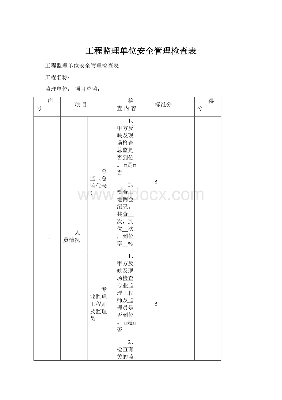 工程监理单位安全管理检查表Word格式文档下载.docx