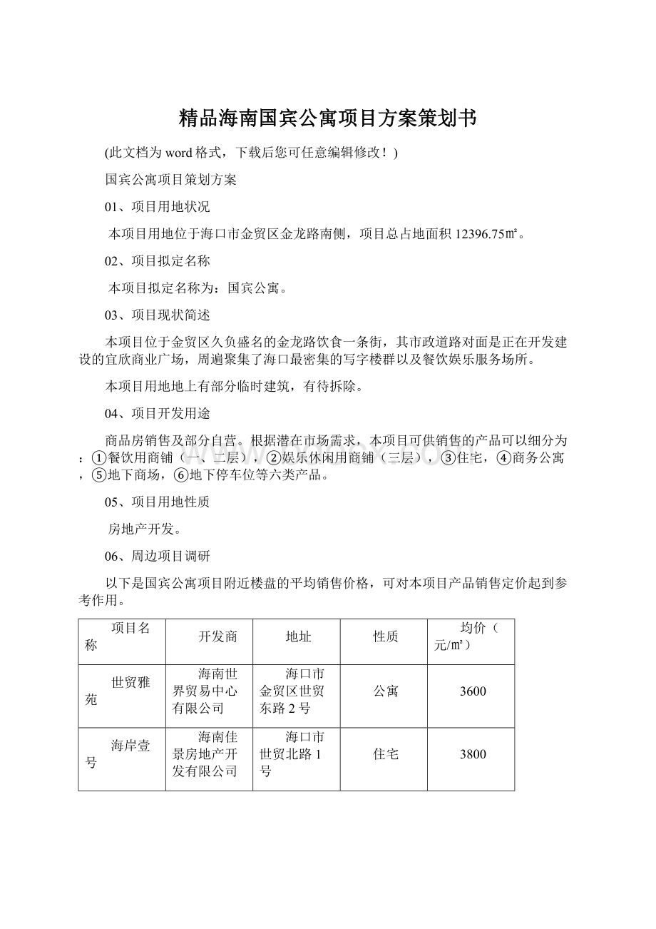 精品海南国宾公寓项目方案策划书Word格式.docx_第1页