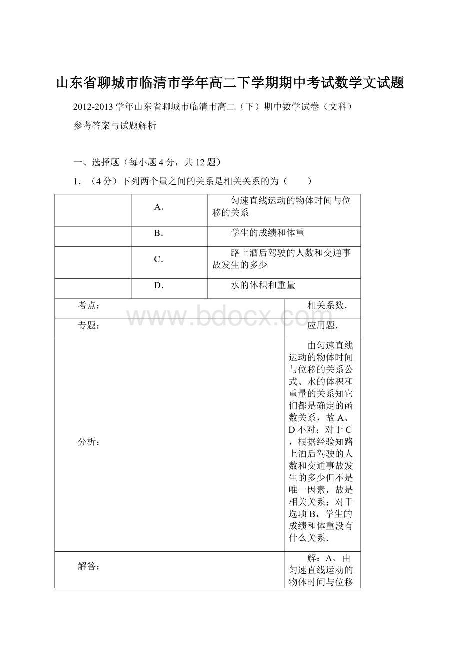 山东省聊城市临清市学年高二下学期期中考试数学文试题.docx_第1页