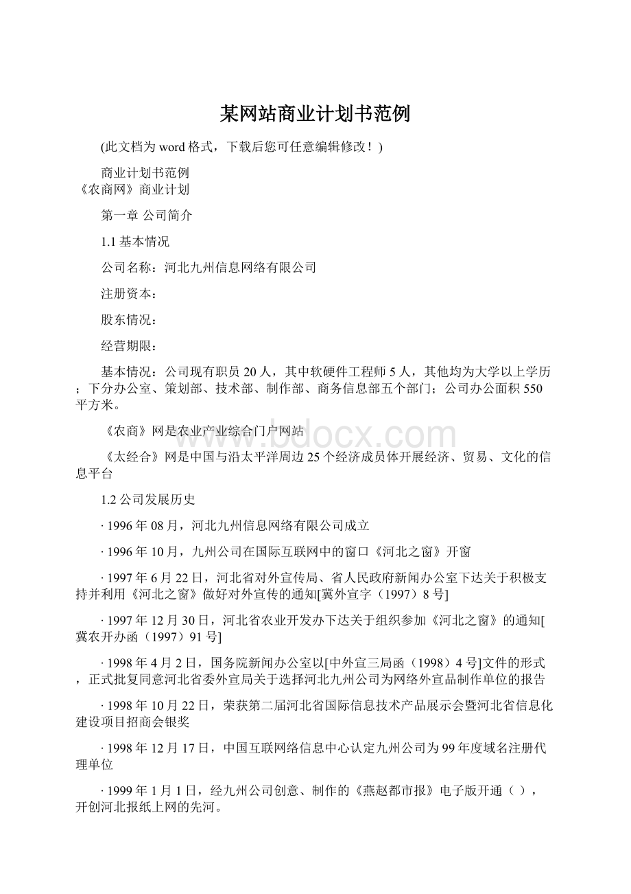 某网站商业计划书范例Word下载.docx