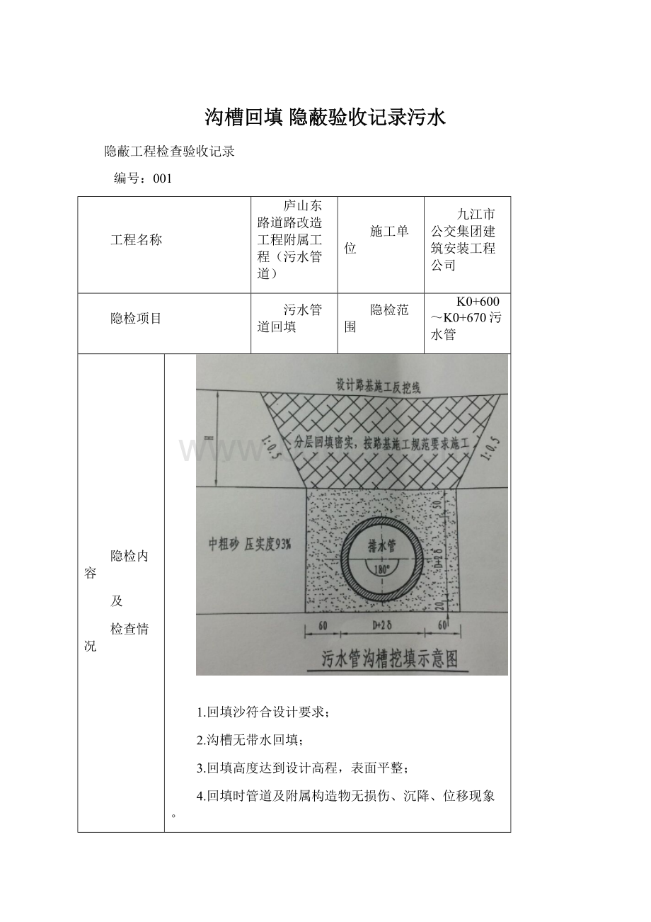 沟槽回填 隐蔽验收记录污水Word文档下载推荐.docx