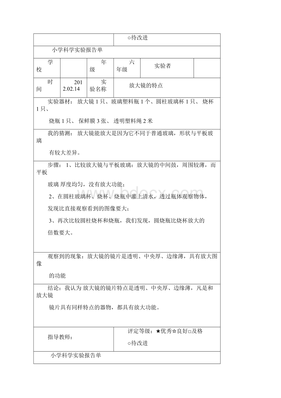 教科版六年级科学全年实验报告.docx_第2页