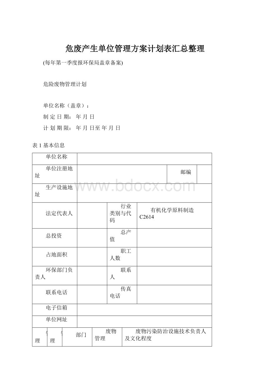 危废产生单位管理方案计划表汇总整理Word格式.docx_第1页