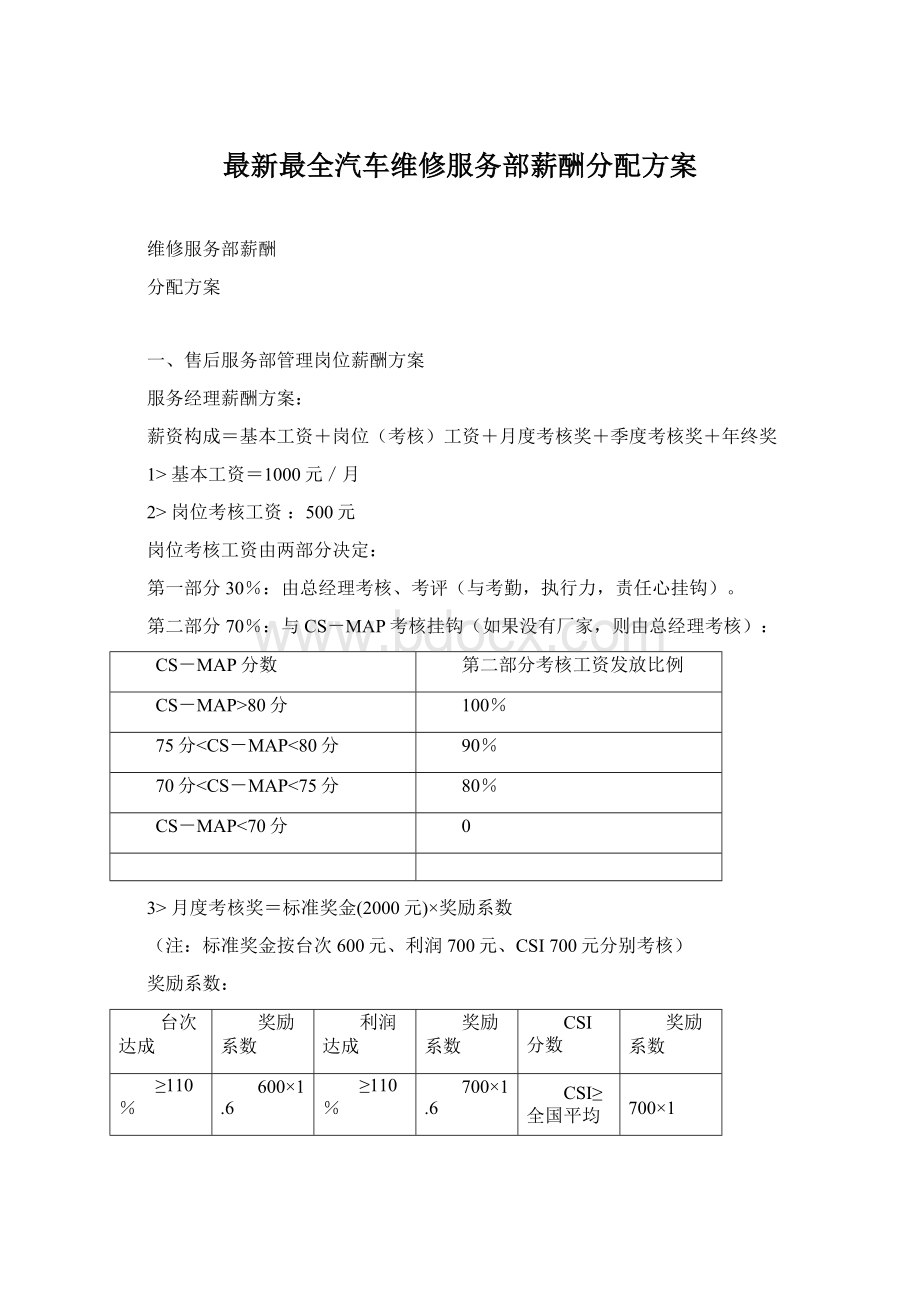 最新最全汽车维修服务部薪酬分配方案Word文件下载.docx