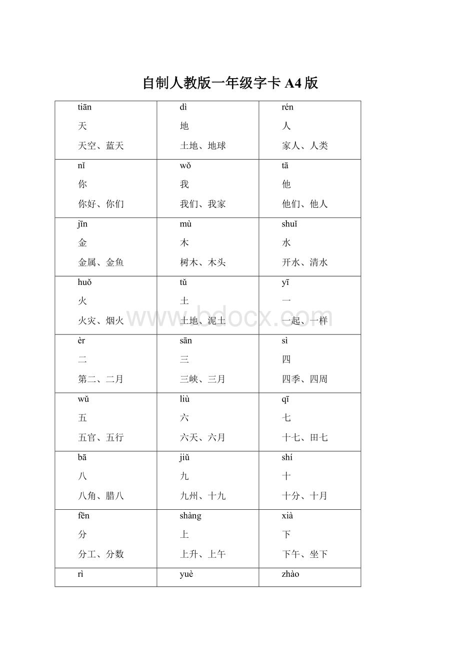 自制人教版一年级字卡A4版Word文档下载推荐.docx