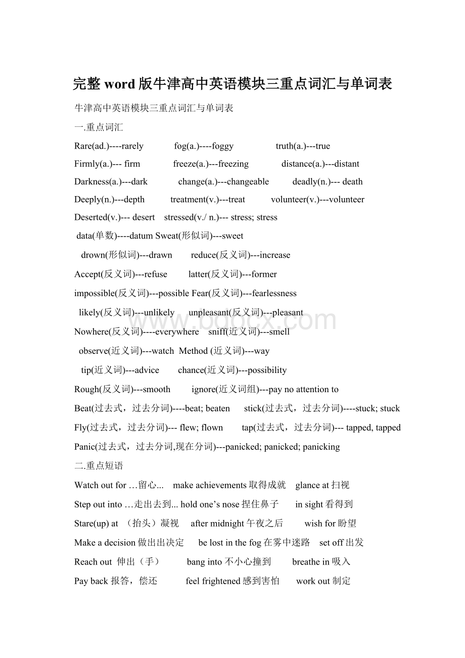 完整word版牛津高中英语模块三重点词汇与单词表Word格式文档下载.docx