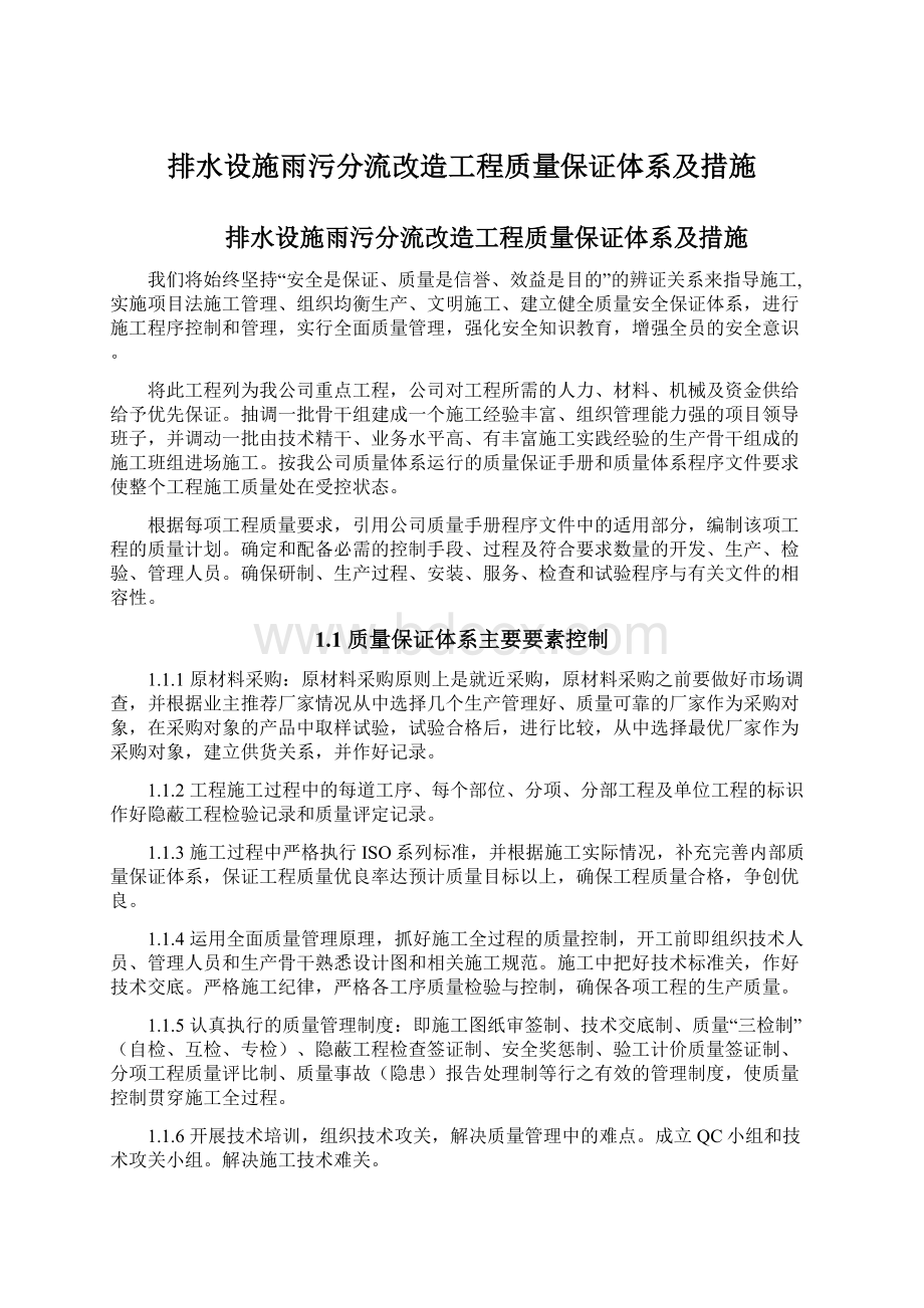 排水设施雨污分流改造工程质量保证体系及措施Word文档格式.docx_第1页