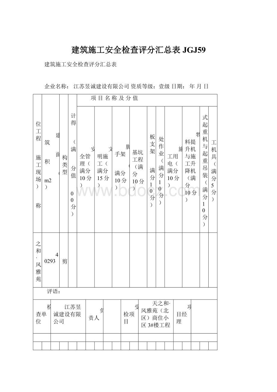 建筑施工安全检查评分汇总表JGJ59Word格式文档下载.docx