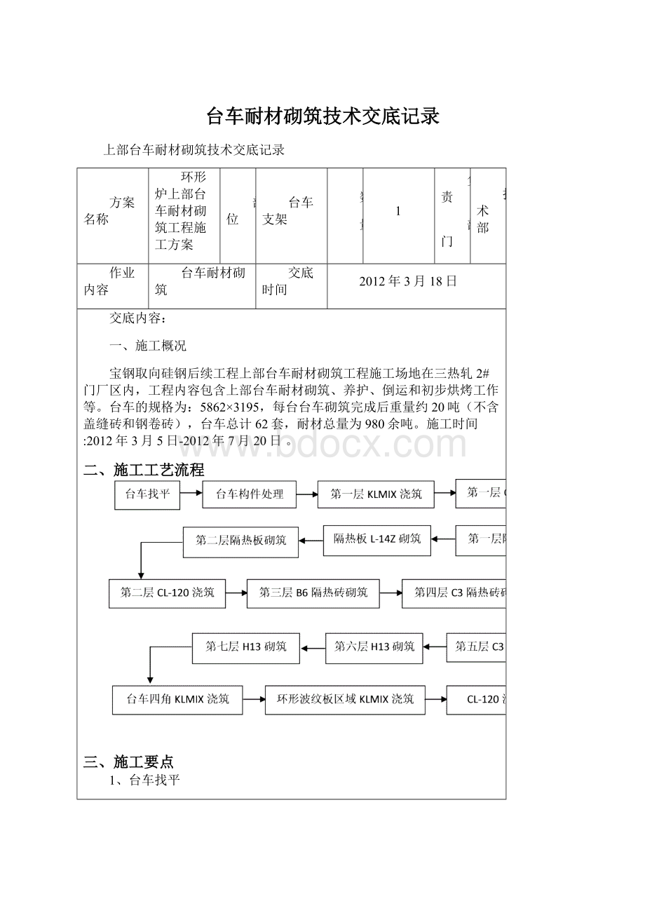 台车耐材砌筑技术交底记录Word文档格式.docx_第1页