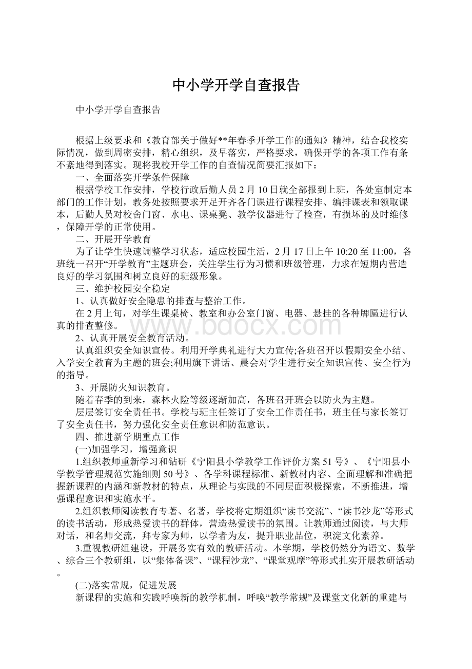 中小学开学自查报告Word格式文档下载.docx