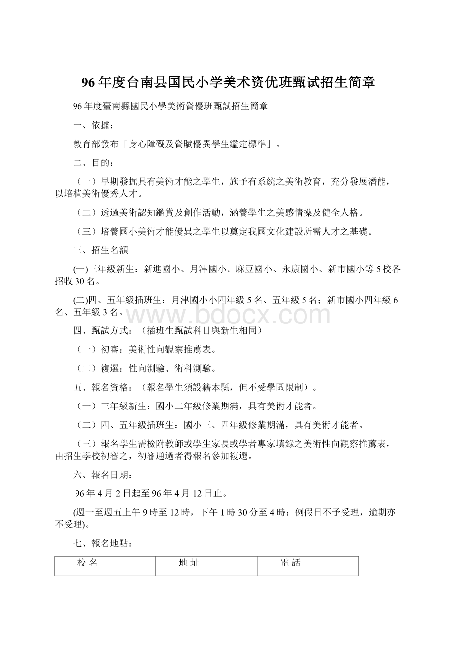 96年度台南县国民小学美术资优班甄试招生简章Word文档格式.docx