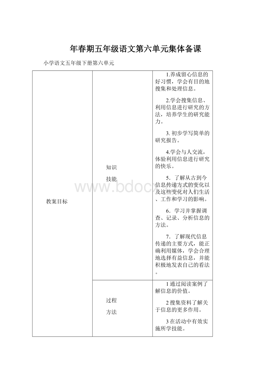 年春期五年级语文第六单元集体备课Word文件下载.docx_第1页