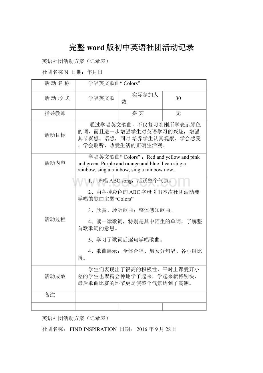 完整word版初中英语社团活动记录.docx