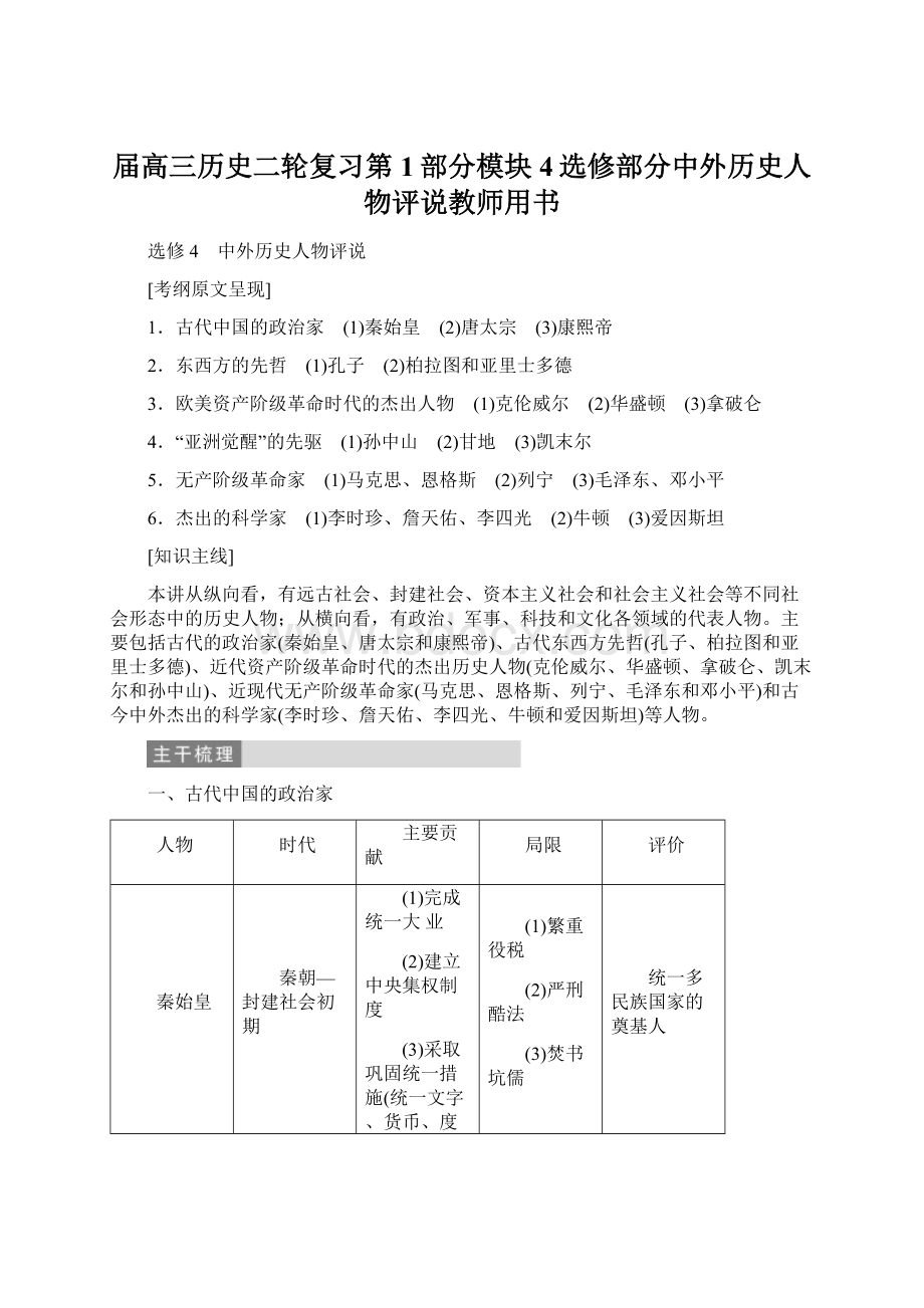 届高三历史二轮复习第1部分模块4选修部分中外历史人物评说教师用书Word下载.docx