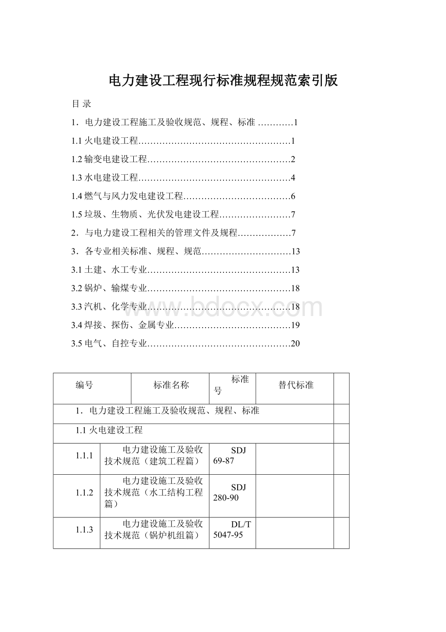 电力建设工程现行标准规程规范索引版.docx